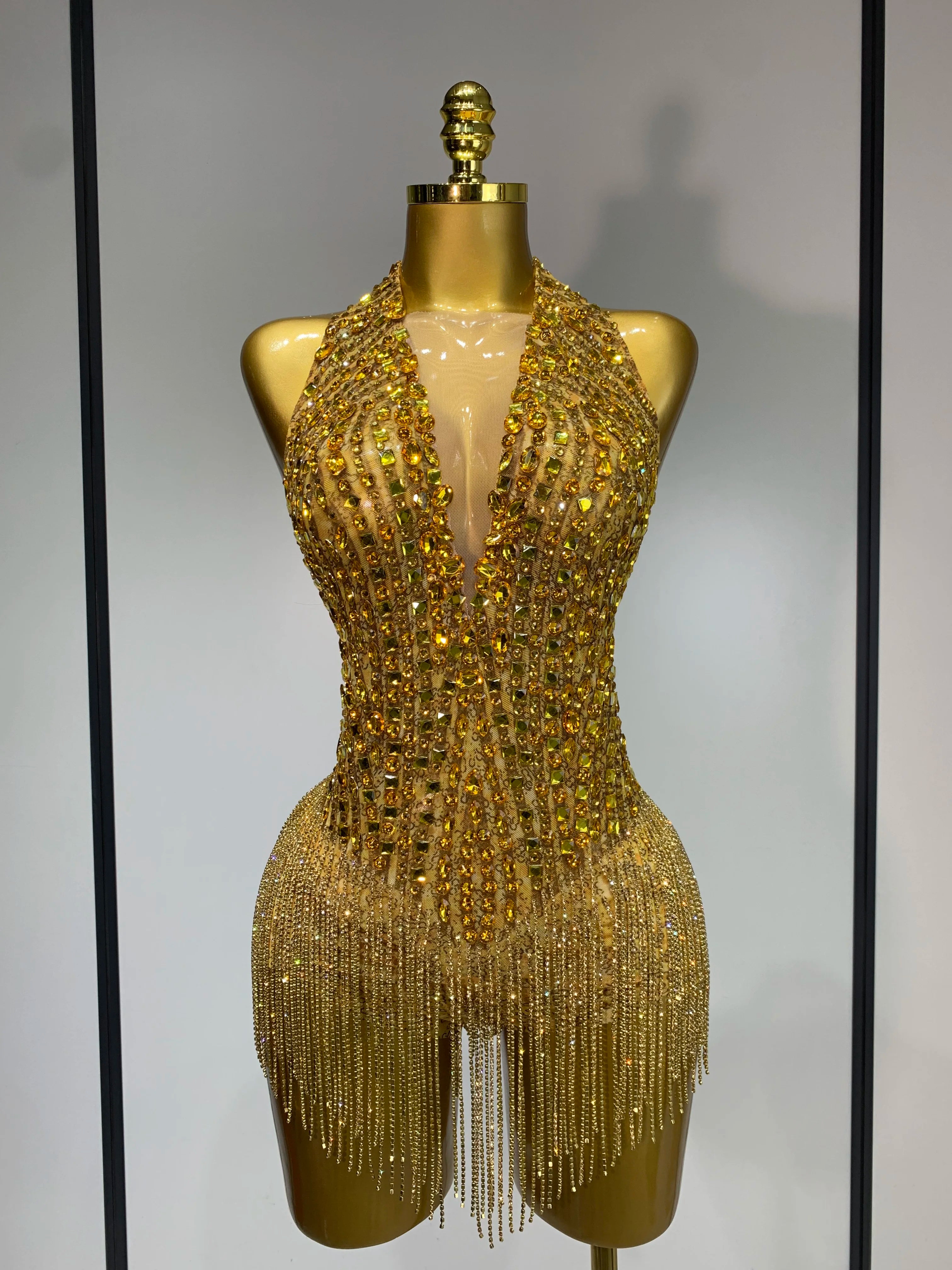 Women Sexy See Through Stretch Bodysuits Birthday Dancer Performance Wear Mesh Luxury Rhinestone Nightclub Hotwife Outfit Gold