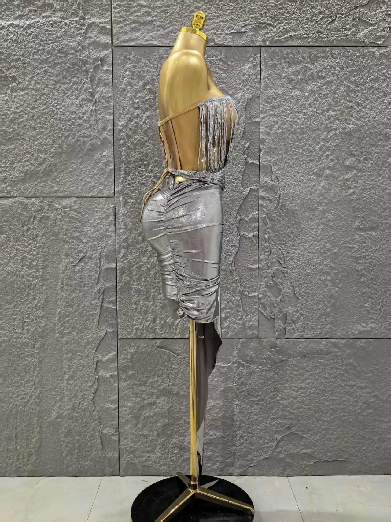 STOCK Women Sexy Strapless 2 Pieces Bodycon Mini Dress Celebrate Nightclub Party Bar Singer Performance Costume Stage Wear