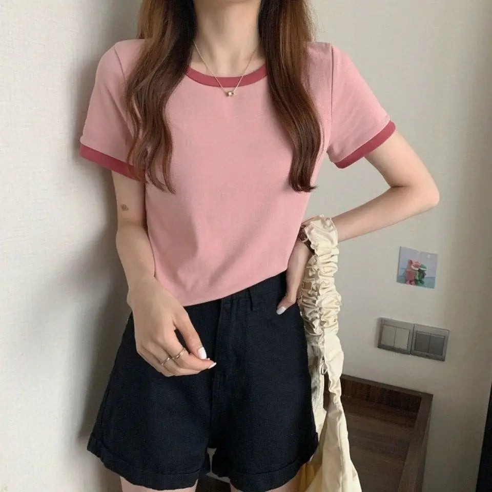 Women Short T-shirts Summer Lady Patchwork Korean Slim Cropped Tee Shirt Tops CDPF-WYP-6762