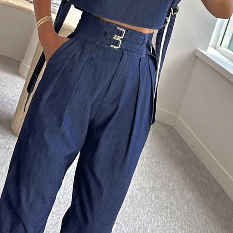 Waytobele 女性ツーピースセット夏のファッションオフィスソリッドハイネック半袖トップストレートポケットバックルパンツセット