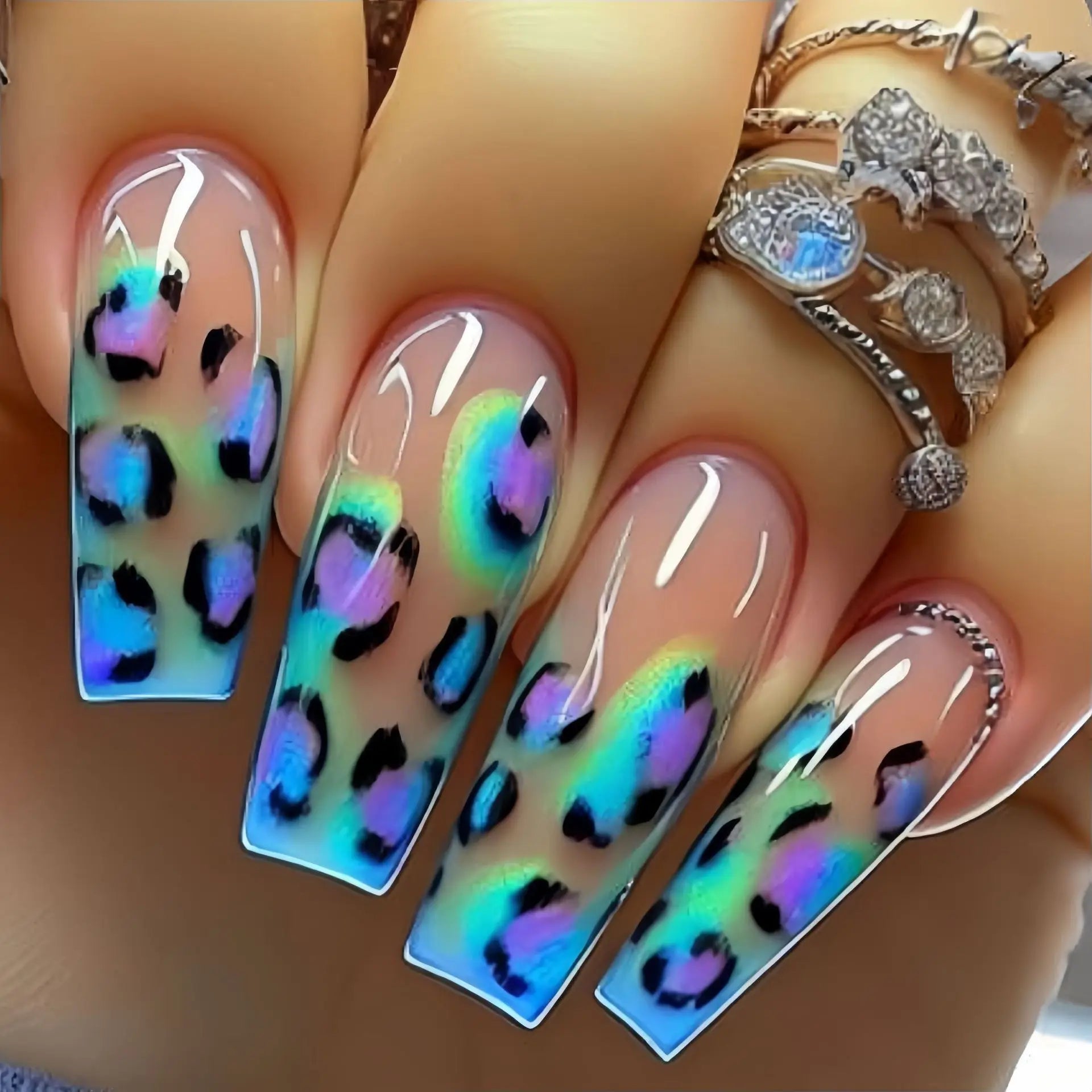 Medium long fake nails for women girls Y2K colorful gradient leopard print Pink green coffee coffin tips press on false nail set 2144
