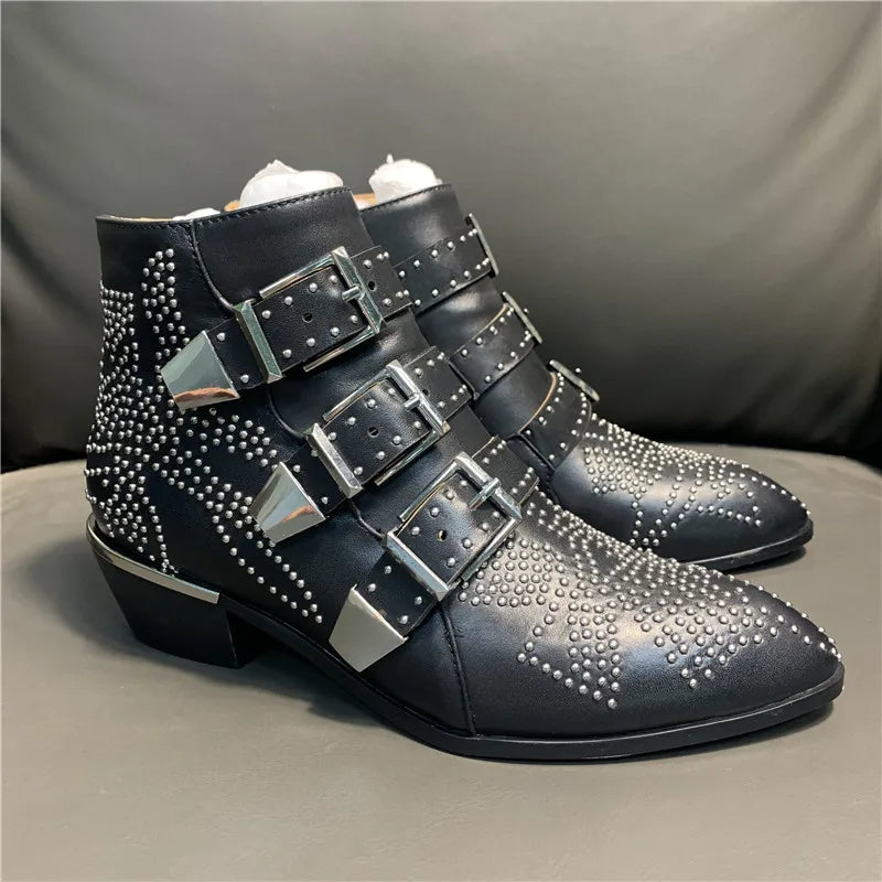 Women's Ankle Boots Rivet Flower Susanna Studded Cowboy Boots Genuine Leather Luxury Shoes Ladies Botines Mujer black leather silver