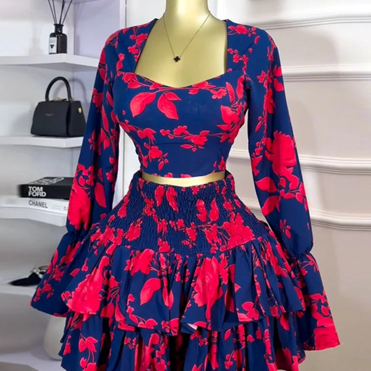 Beach Women Set Street Print Long Sleeve Shirts + Pleated Ruffles Mini Skirts Suits 2025 Party Street Two 2 Piece Sets