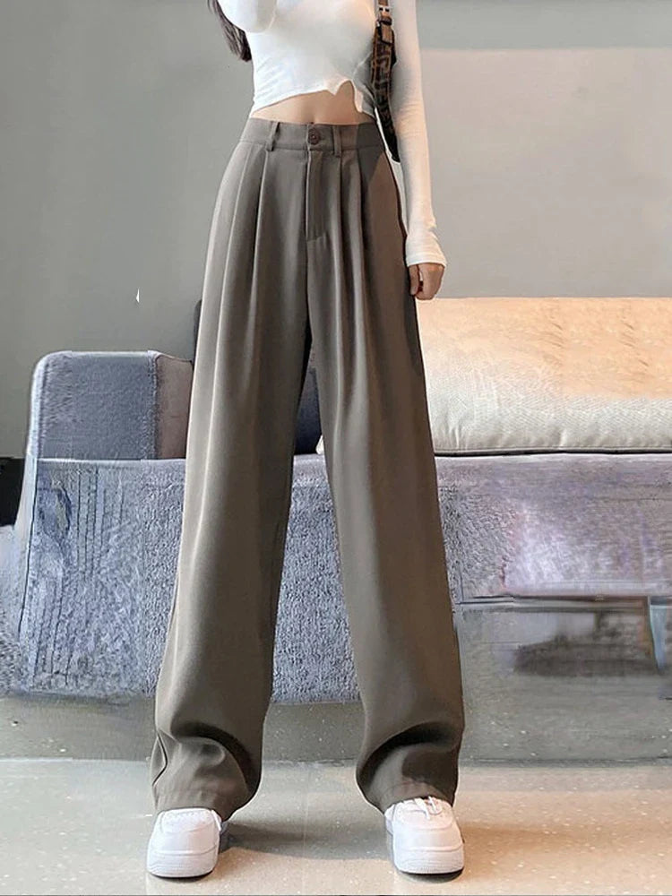 Summer Ice Silk Wide Trousers for Women Loose White Thin Straight Pants Elegant Office Women Baggy Stacked Pants Sweatpants Khaki