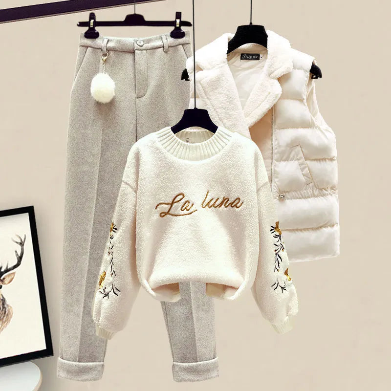 Winter Warm 3 Piece Set Suit Women Knitted Letter Pullover Sweater Sweatpants Lamb Wool Vest Tracksuit Female Outfit Outerwear Set 1