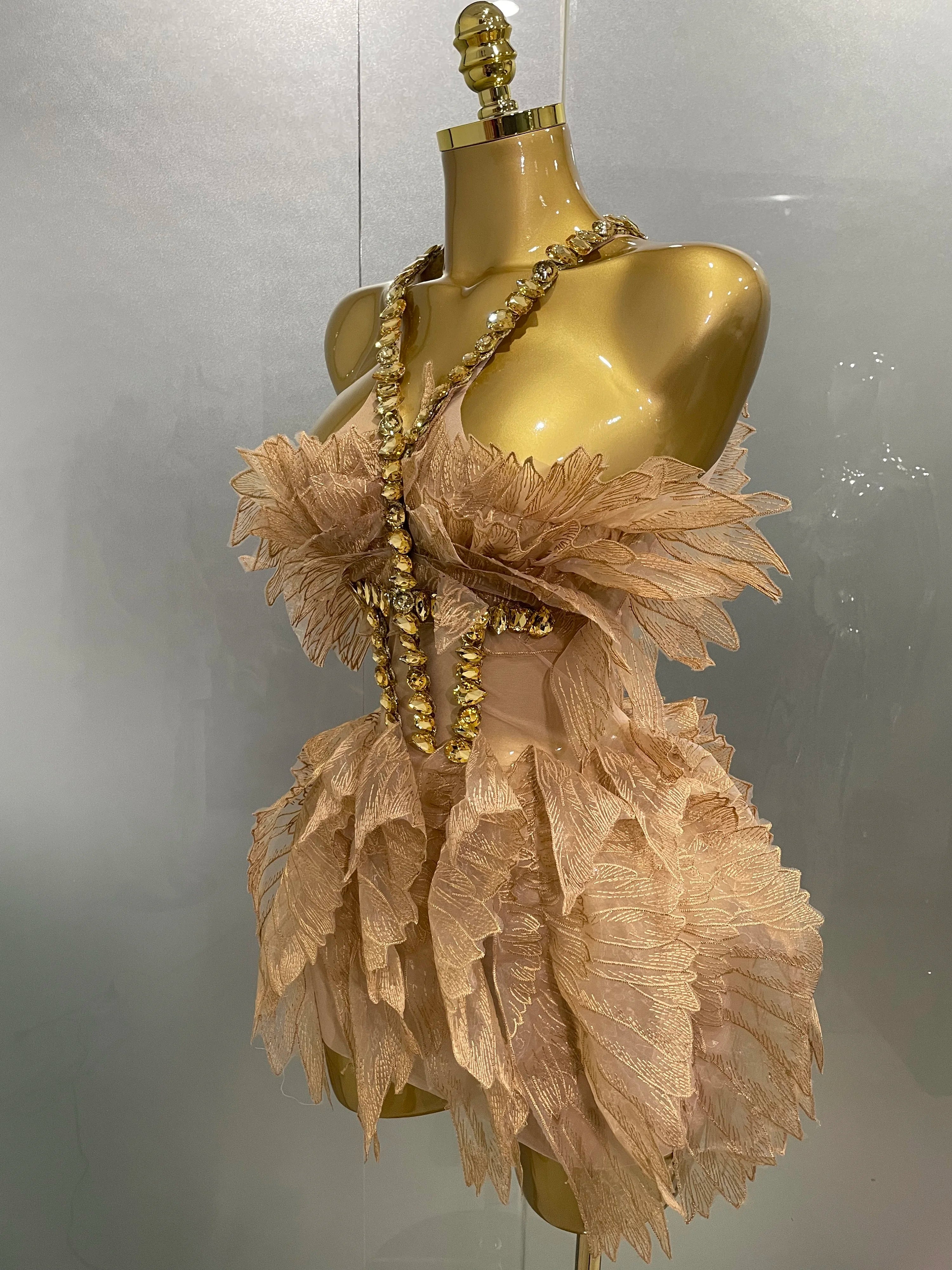 Sexy Shining Gold Crystal Transparent Wings Mini Dress 2025 Women Birthday Party Bar Nightclub Singer Stage Performance Costume