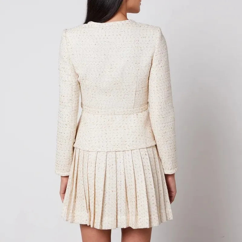 Solid Slimming Two Piece Sets for Women V Neck Long Sleeevs Spliced Button Top High Waist Pleated Skirts Set Female