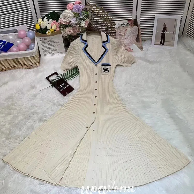 Elegant Women's Slim Fit Knitted Dress Fashionable Polo Neck Short Sleeve Single breasted Design Split Knitted Mid length Dress Apricot