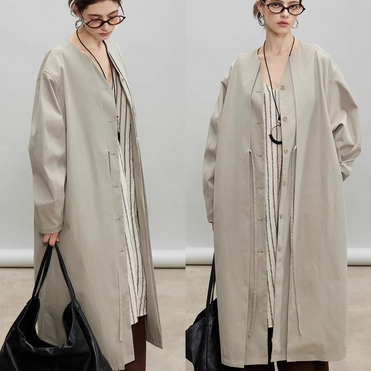 Lautaro Spring Autumn Oversized Long Flowy Soft Trench Coat for Women V Neck Elegant Luxury Designer Fake 2 Piece Clothes 2025