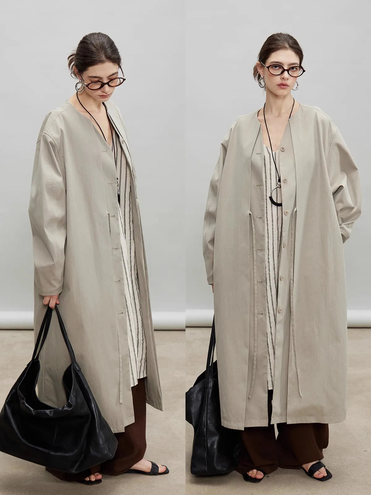 Lautaro Spring Autumn Oversized Long Flowy Soft Trench Coat for Women V Neck Elegant Luxury Designer Fake 2 Piece Clothes 2025