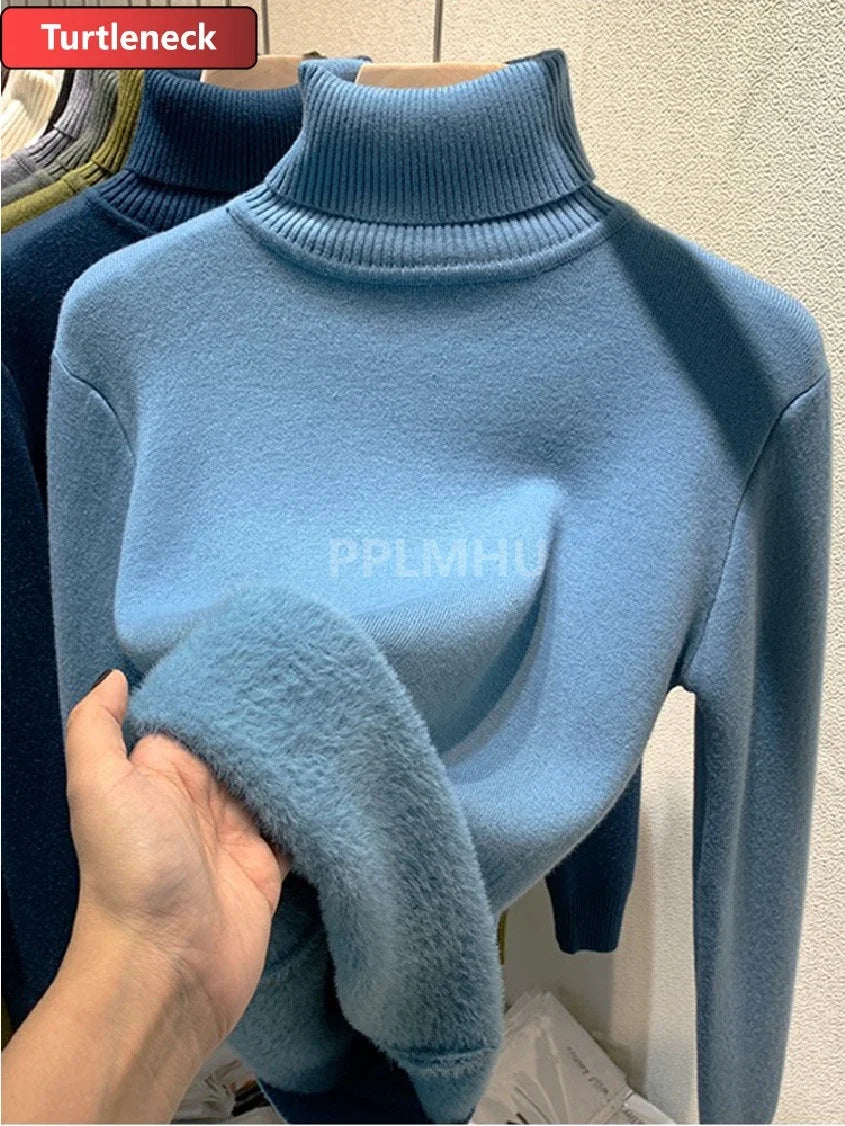 Warm Knit Pullover New Thicken Turtleneck Sweater For Winter Women Casual Slim Plush Lined Soft Long Sleeve Knitwear Jumper Tops basic blue