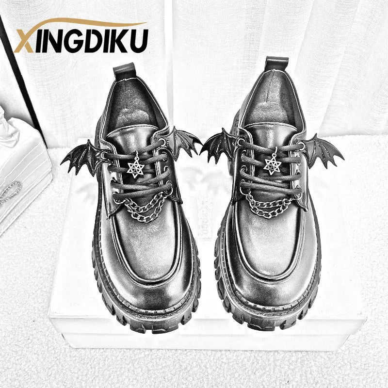 Punk Wind Fashion Single Shoes Autumn Devil Bat Wings Gothic Women's Shoes Thick Bottom Waterproof Platform Metal Chain