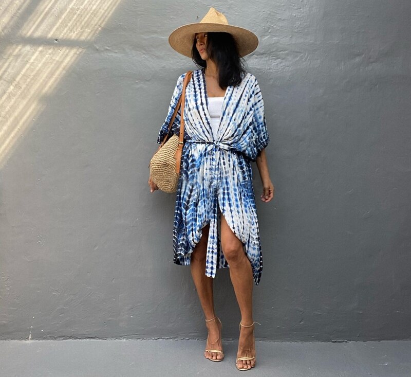 Sexy Bikini Cover-ups Summer Beach Pareo Stripes Loose Kimono Swimsuit Dress Beachwear Boho Bathing Suit Cover Up O One Size