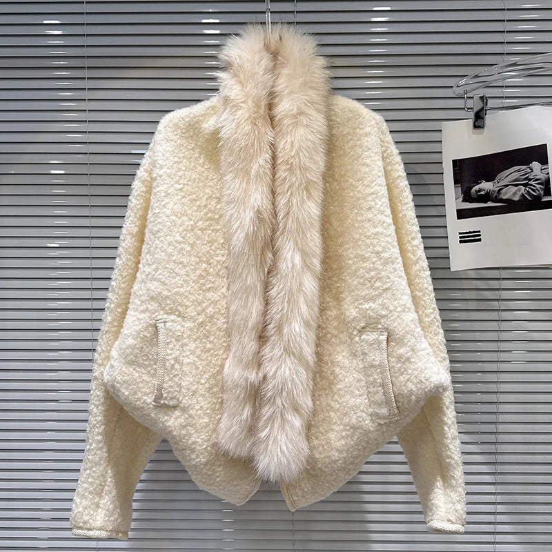 Winter New Lazy Style Furry Edge Fleece Loose Batwing Shawl Short Coat For Women High Quality Jacket Female 11A07763 Creamy-white One Size