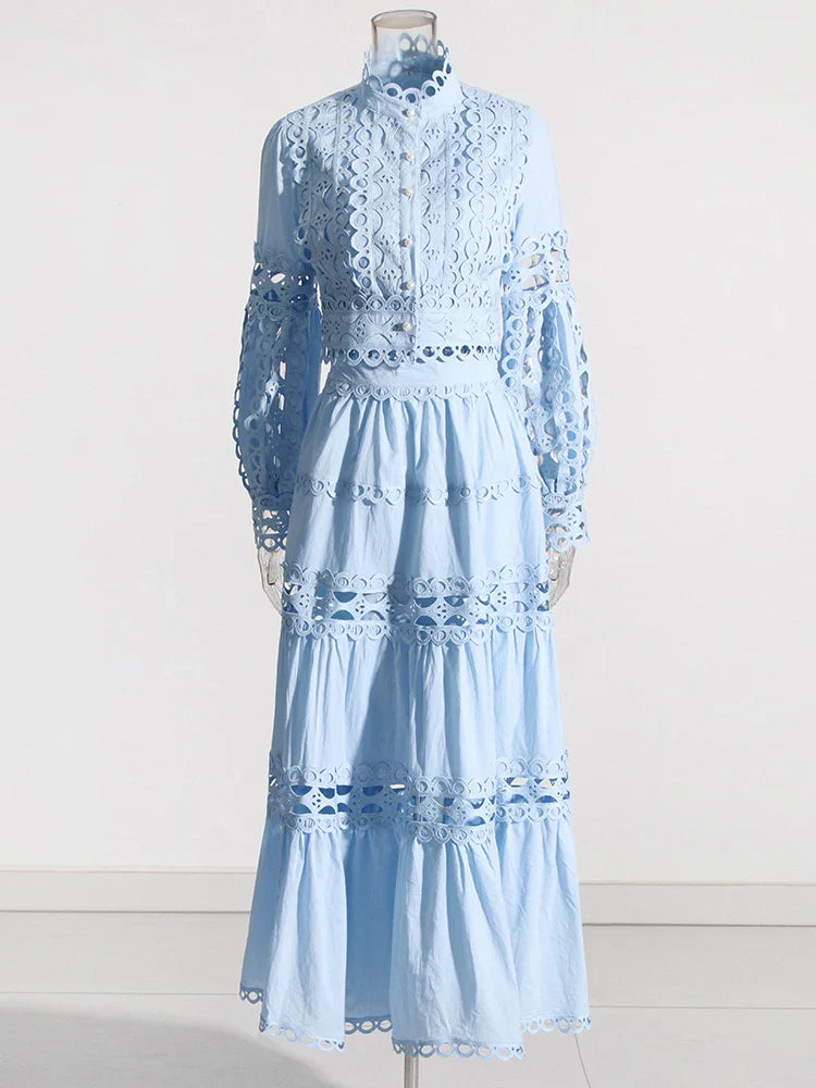 Elegant Two Piece Sets For Women Stand Collar Lantern Sleeve Tops High Waist Skirt Hollow Out Set Female Clothing BLUE