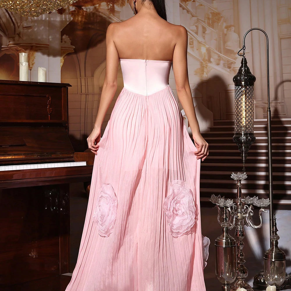 Strapless Flower Maxi Dress Women Elegant Sleeveless Backless Pleated Party Dresses Female 2025 Summer Sexy Lady Evening Vestido
