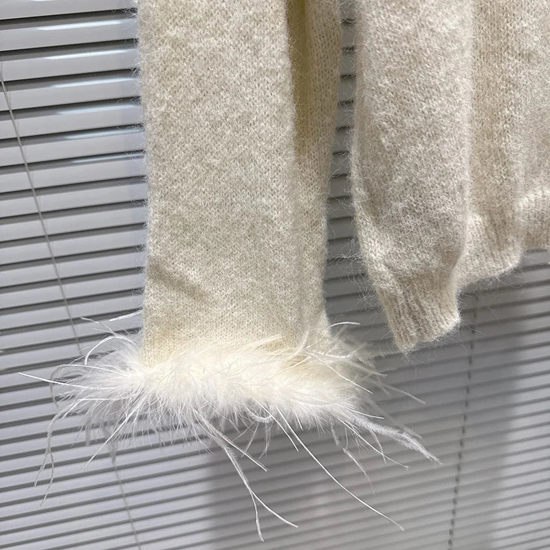 Winter Fashion Feather Trim Loose Elastic Knit Sweater For Women Solid Color Versatile Pullover 11A07673