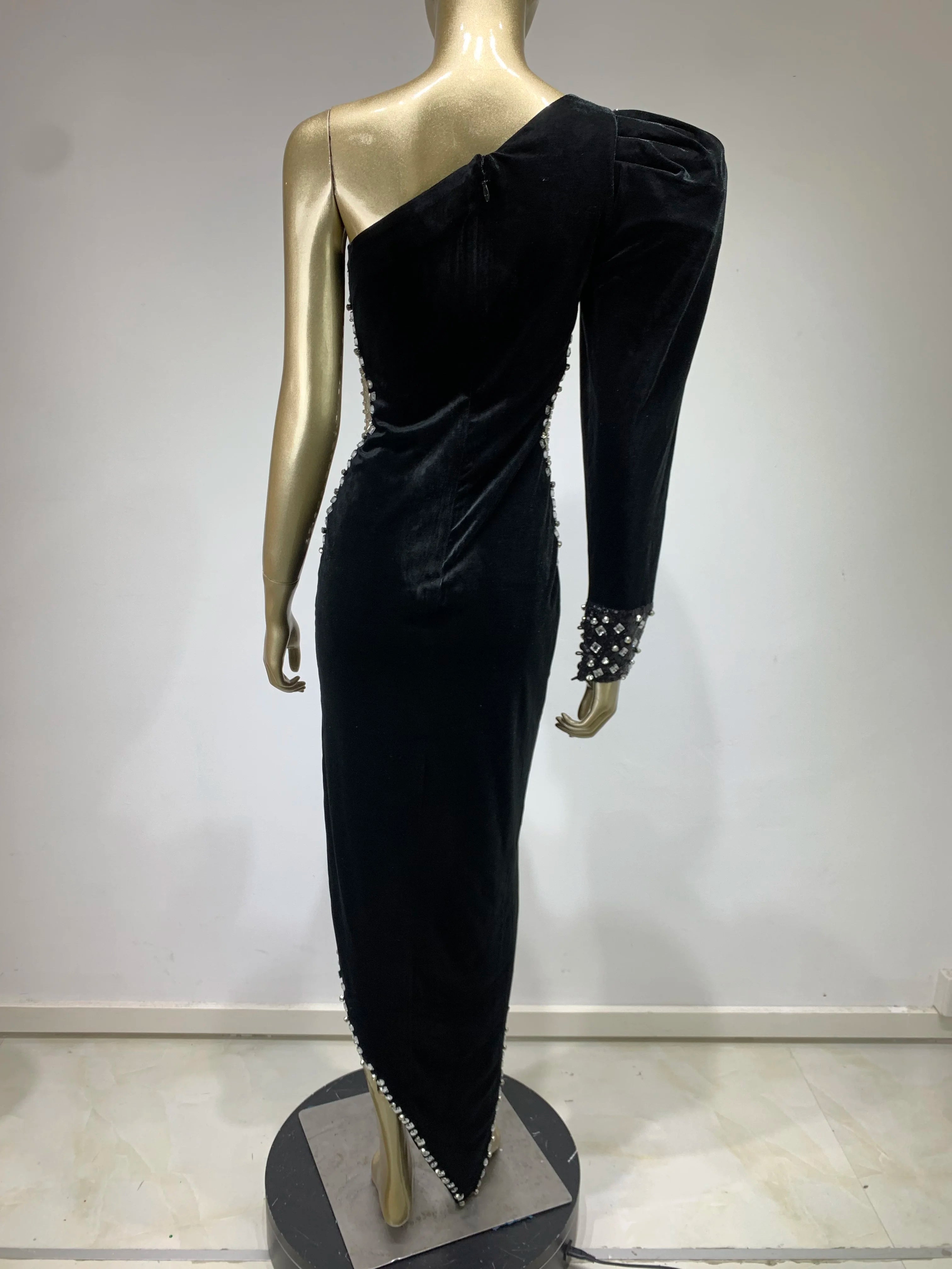 Women Winter Sexy One Shoulder Long Sleeve Beading Diamonds Maxi Long Gowns Dress Elegant Celebrity Evening Party Club Dress