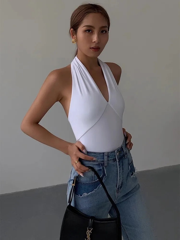 Black Spicy Girl Deep V-Neck Top For Women'S Summer Design With Hanging Neck And Strap, Open Back Sleeveless Top