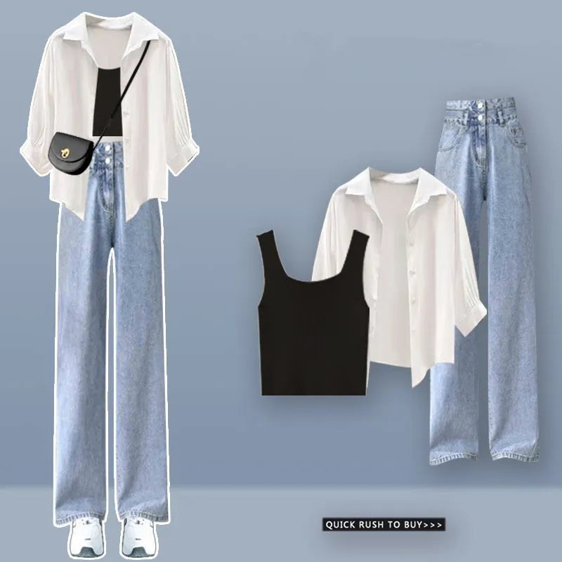 Women High Waist Long Denim Pants 2024 Summer Lady Daily Solid Shirt Vest Jeans 3 Piece Set Korean Fashion Blouse Tank Top Suits Blue Set C
