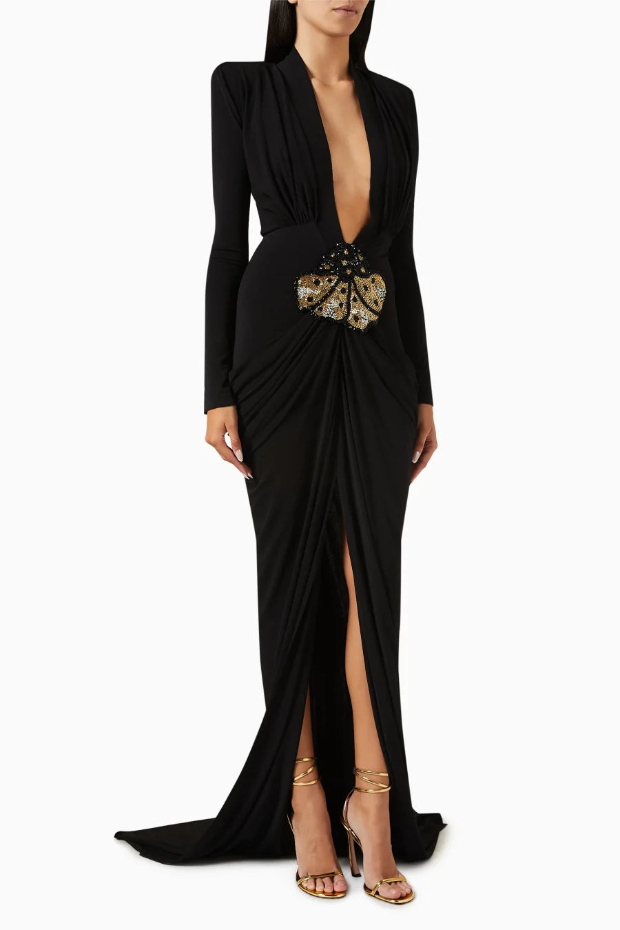 2025 New Spring Women Long Sleeve Deep V-Neck Bodycon Long Dress Elegant Evening Party Celebrate Cocktail Outfit Vestido black