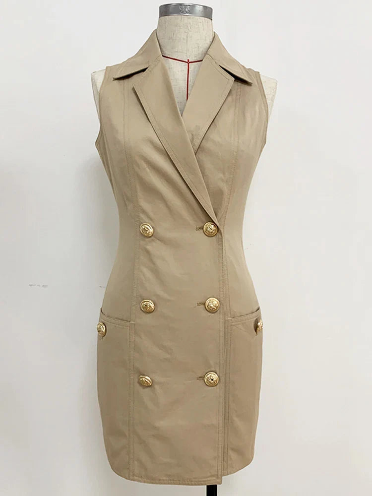 Top Newest Stylish Summer Designer Women's Sleeveless Notched Collar Double Breasted Lion Buttons Mini Cotton Dres