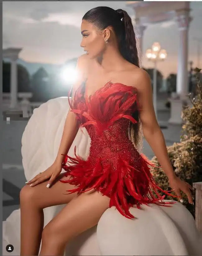 Luxurious 2023 New Spring Red Color Women Strapless Feathers Bodycon Mini Dress Celebrate Birthday Cocktail Party Dress Red