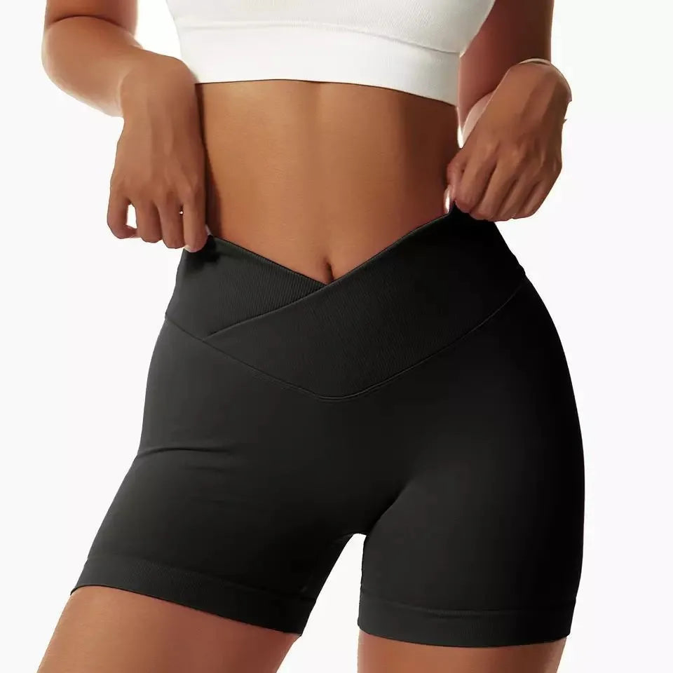 STOUREG Summer V-Waist Yoga Sport Shorts for Women,Peach Hip Sport Tights Triple Biker Workout Gym Clothing Seamless Shorts Black