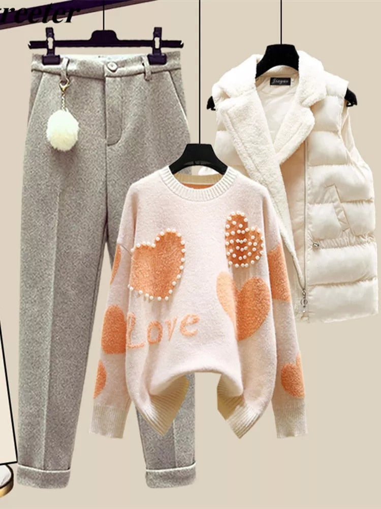 Winter New Warm Sweater 3 piece set Women Korean Fashion Sweet Heart-shaped beaded Sweater +Lamb wool vest +Pants Suits