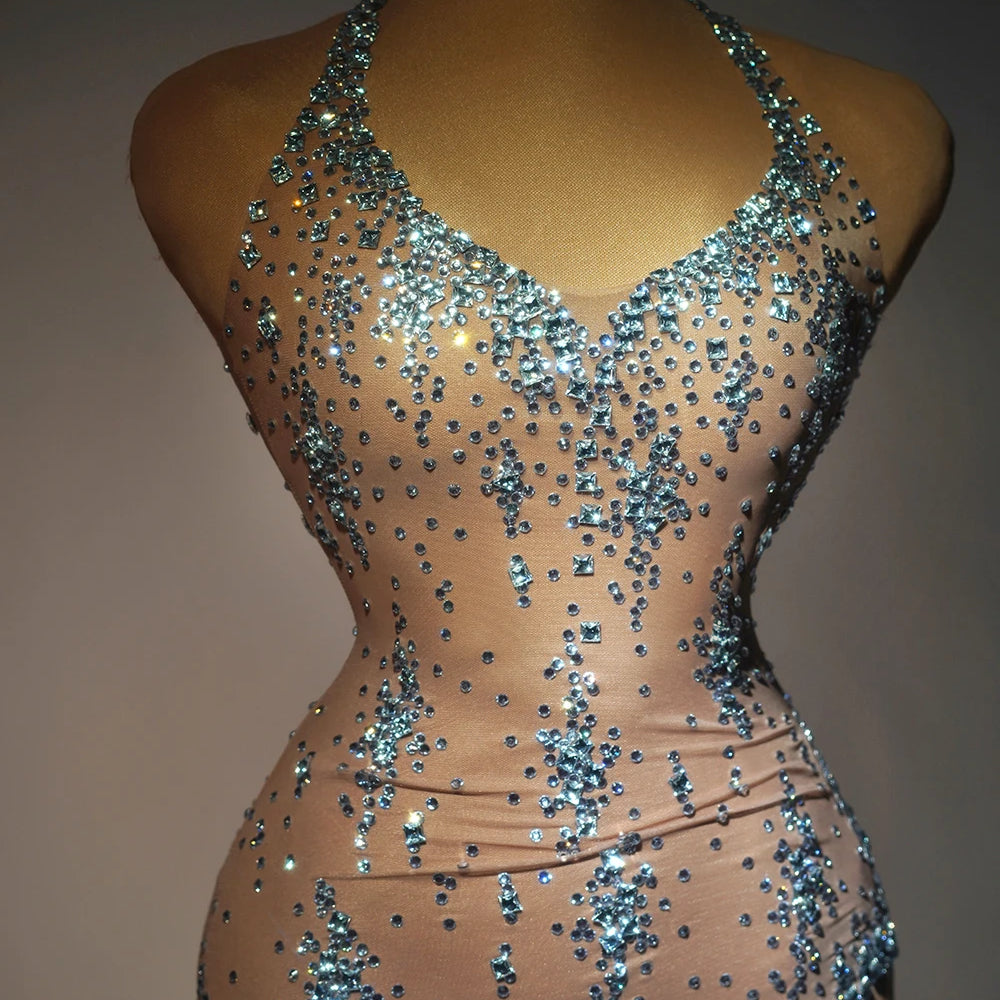 Nightclub Mini Dress Singer Stage Performance Wear Bar Party Asymmetrical Dress Sparkly Rhinestones Sleeveless Mesh Dress Xinghe