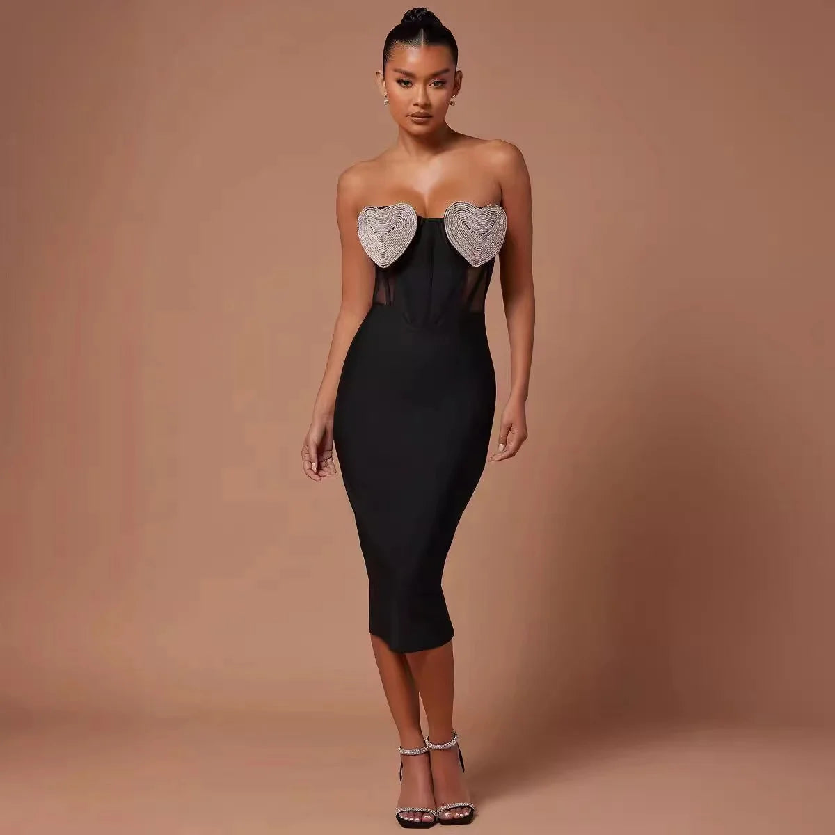 Women Sexy Off the Shoulder Heart Diamond Strapless Bodycon Midi Bandage Dress Nightclub Party Celebrate Outfit black