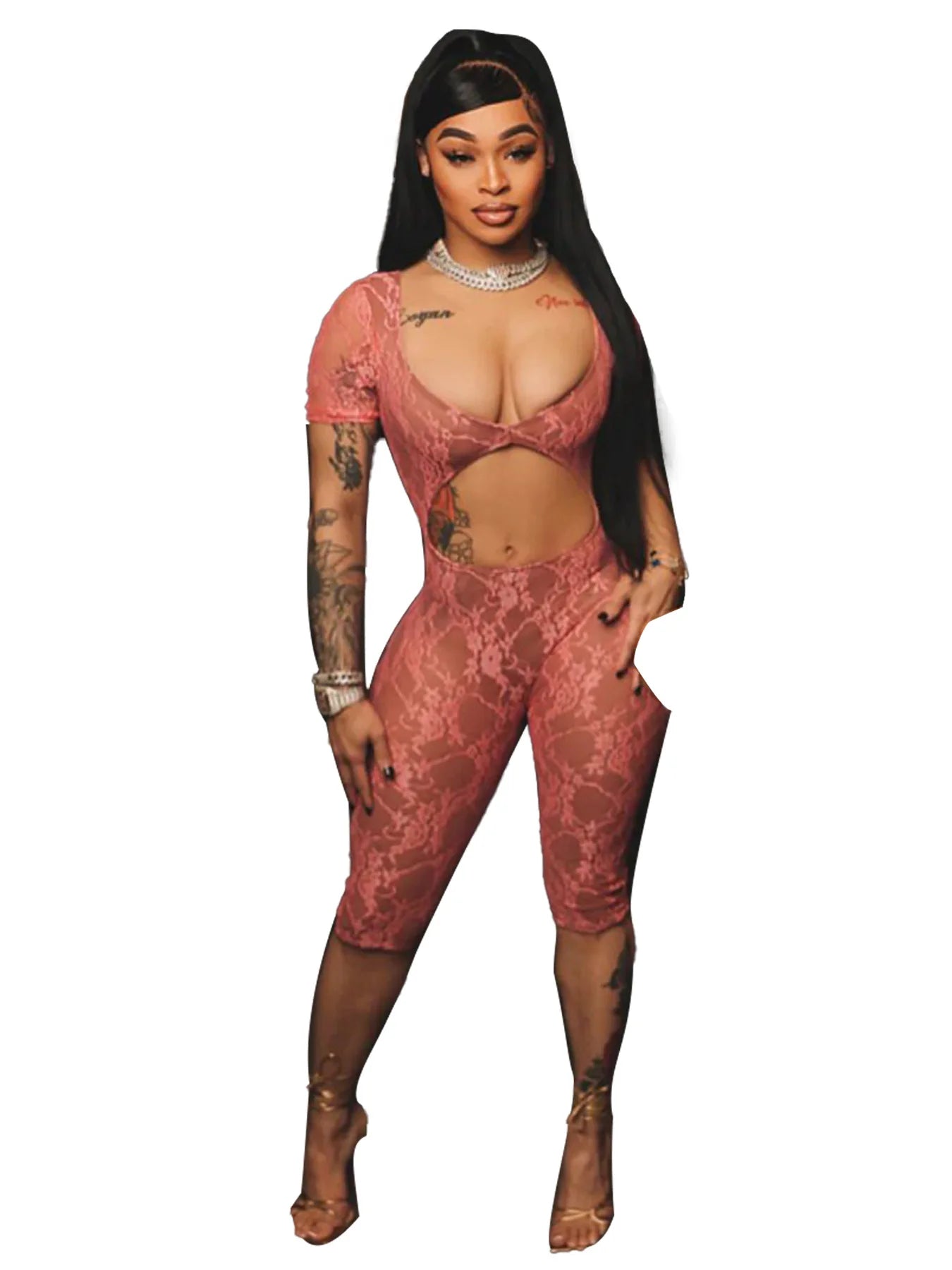 2024 Spring Short Sleeve Backless Women Lace Hollow Out Casual Rompers Playsuit Short Jumpsuits V-neck One Piece Outfits pink