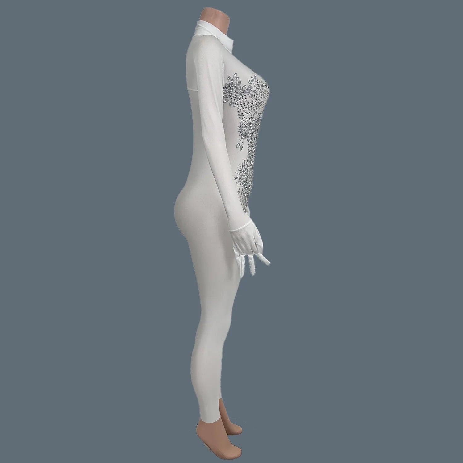 Sexy Women Long Sleeve Rhinestone Jumpsuit Gloves Festival Celebrate Party Outfit Club Stage Show Tight Fitting Jumpsuit Zhubao