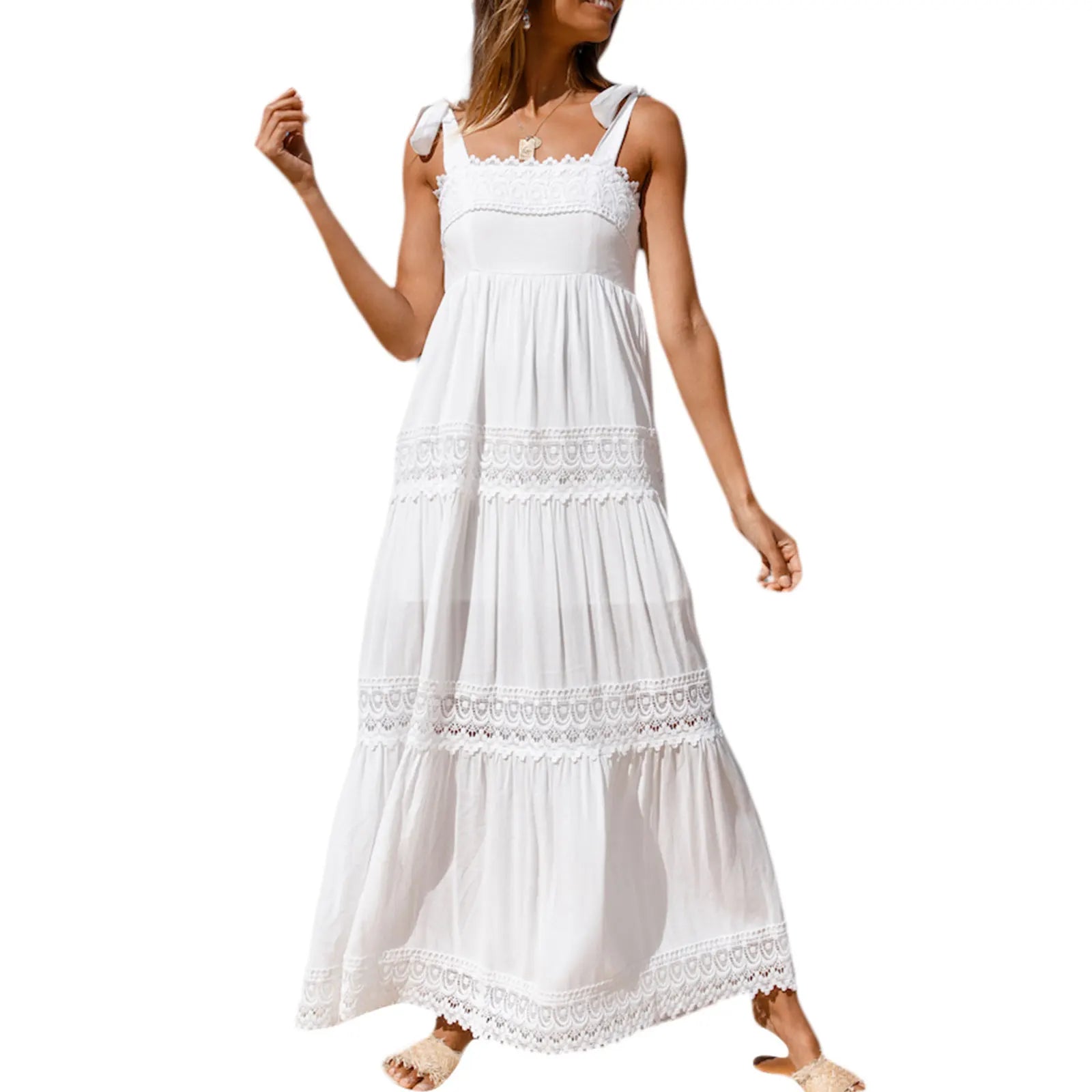 Summer Solid Tunic Women Maxi Dress V Neck Female Elegant Ruffles Party Long Dresses Beach Spaghetti Strap Casual Sundress 5 M