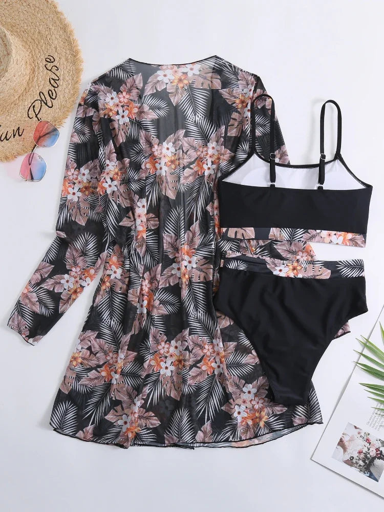 New 3 Pieces Set High Waist Bikini Women Swimsuit&Kimono Bandeau Swimwear Sexy Cover Ups Floral Beachwear Bathing Suit