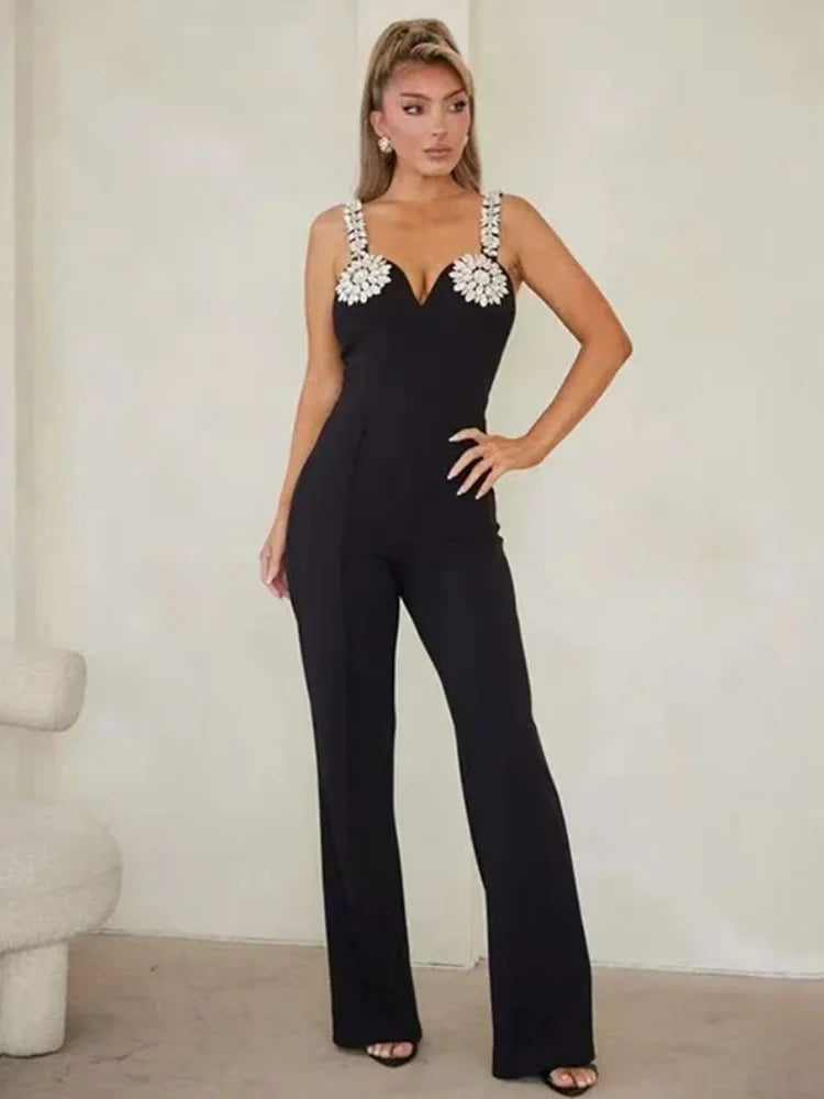 Shining Diamonds Sexy V-Neck Sleeveless Jumpsuit Graceful Woman Evening Party Outfit black