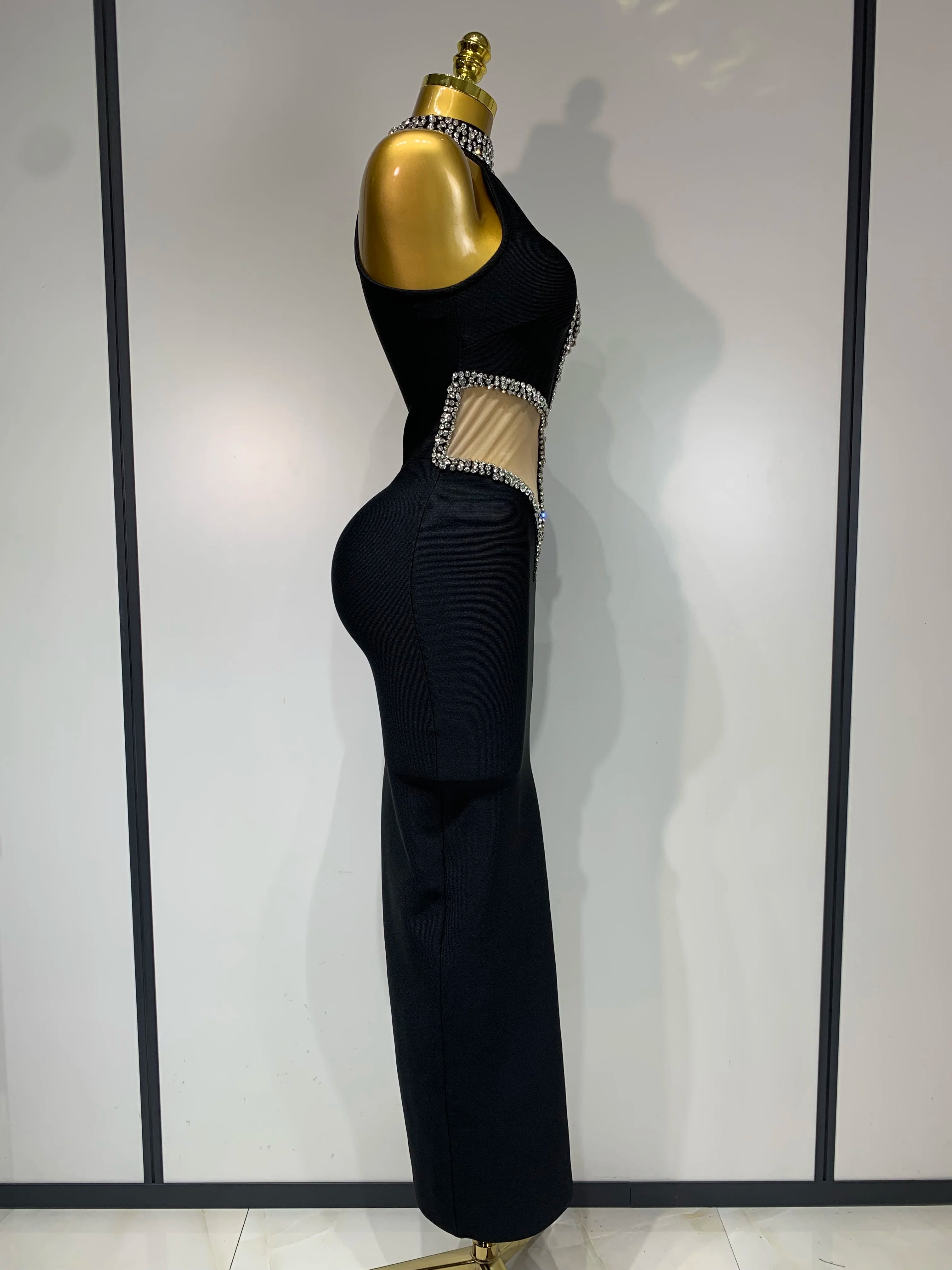 Women Sexy Rhinestone Black Sleeveless Mesh Patchwork Stretch Bodycon Bandage Party Dresses Elegant Birthday Dress