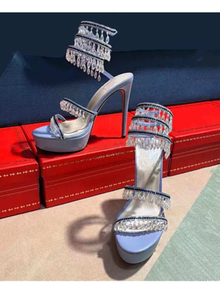 Summer New Round Toe Thick Sole Sandals with Snake Twisted Beaded Water Diamond Thin Heel High Heel Sandals for Women blue