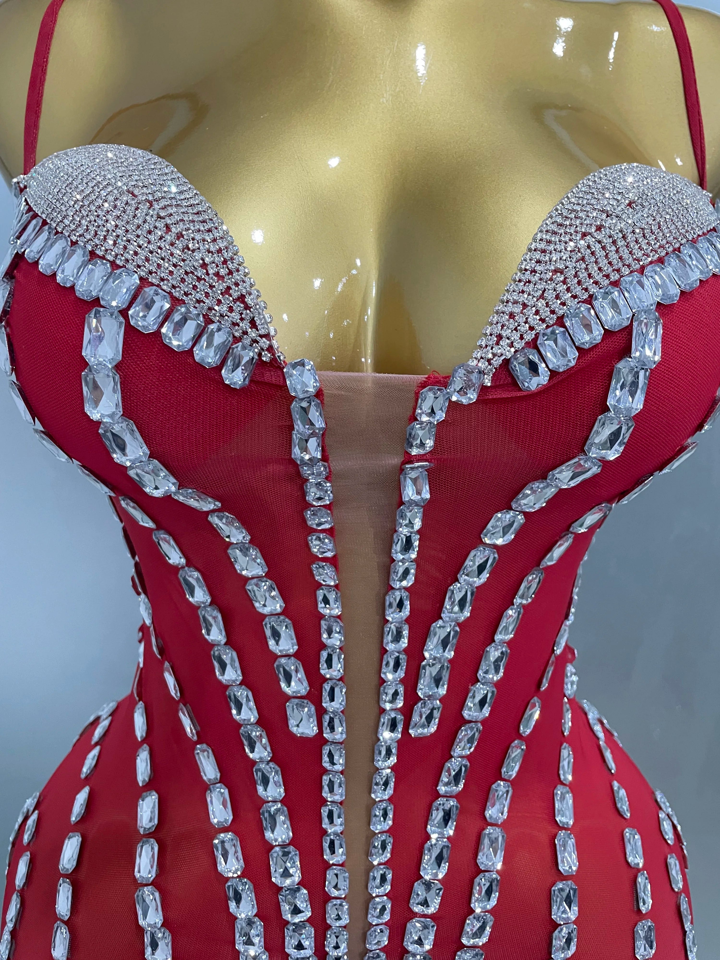 Sexy Sparkly Rhinestones Mesh See Through Short Slip Dress 2025Women Evening Birthday Party Prom Nightclub PhotoShoot Stage Wear