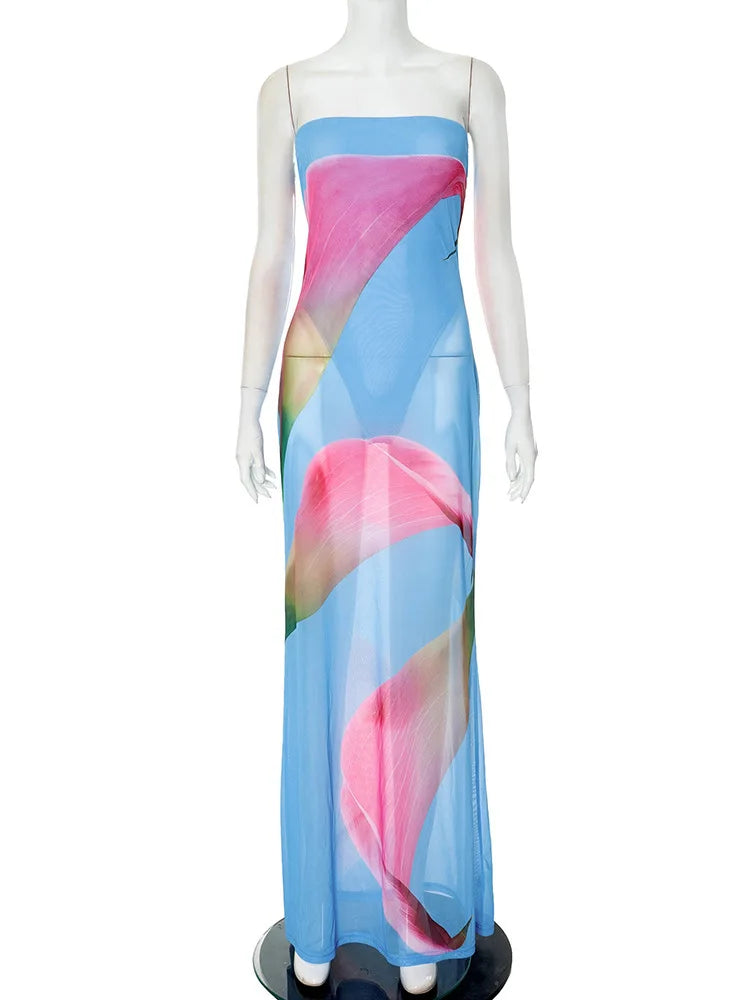 Floral Print Strapless Sexy Maxi Dress For Women Gown Patchwork Off-shoulder Backless Sleeveless Print Long Dress Blue