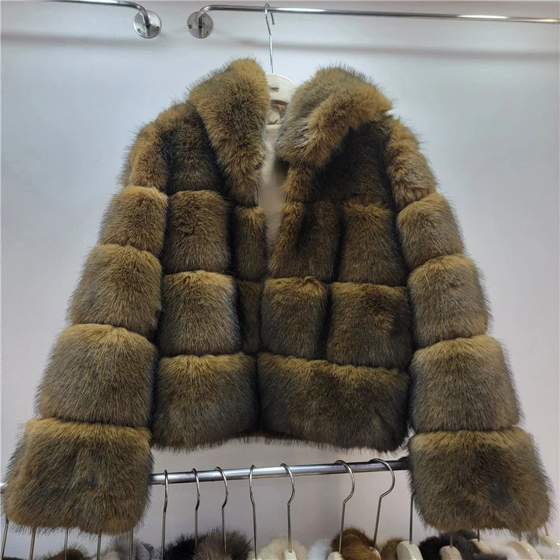 Winter New Fashion Hooded Short Faux Fur Coat For Women Loose Versatile Loose High Quality Overcoat Female 11A07878 Picture Color One Size