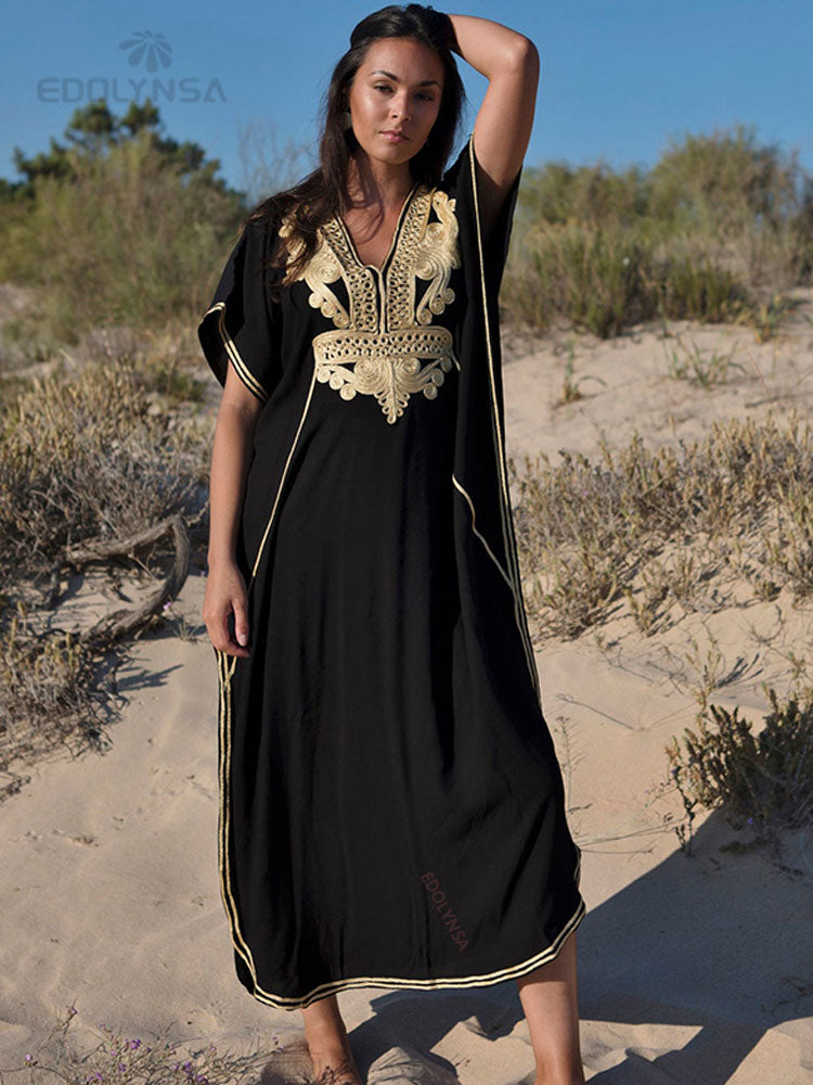 Vintage Embroidery Kaftan Sexy V-neck Batwing Sleeve High Waist Maxi Dress Tunic Women Clothing Summer Beach Dresses Q660