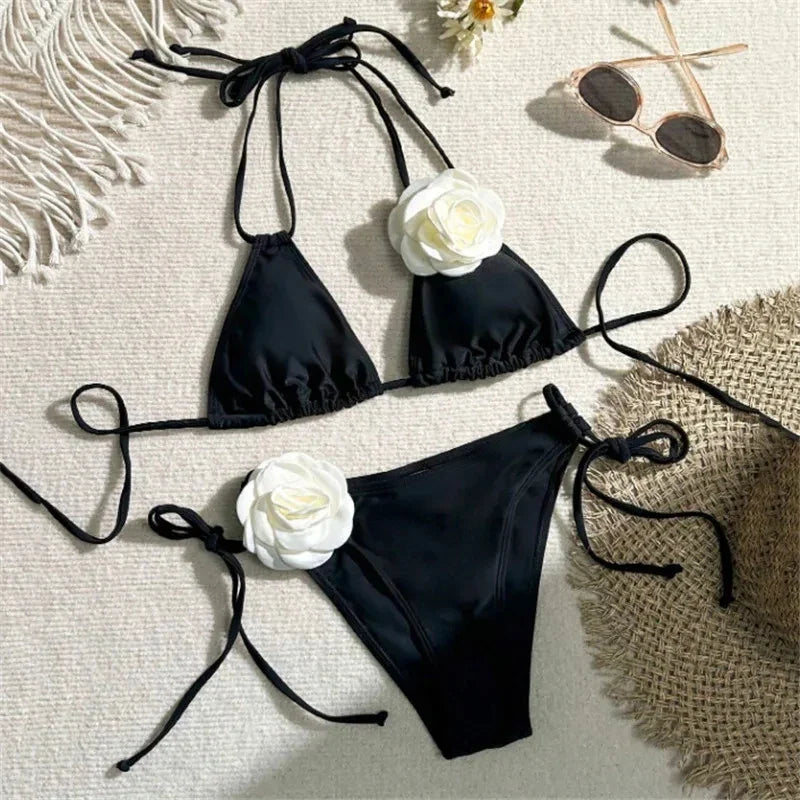 Sexy Flower Bandeau Swimwear Thong Bikini Women Lace-up Swimsuits Swimming Bathing Suit Brazilian Bikinis Set Mujer Biquini black halter