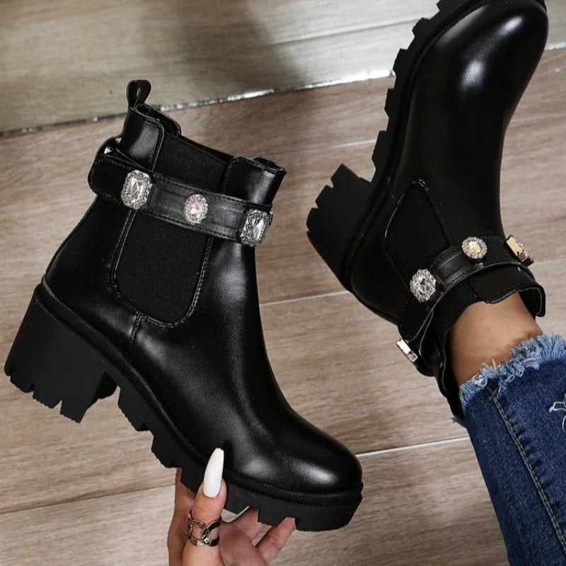 Women Ankle Boots Crystal Rhinestone Slip On Platform PU Leather Women's Booties Spring Autumn Females Footwear