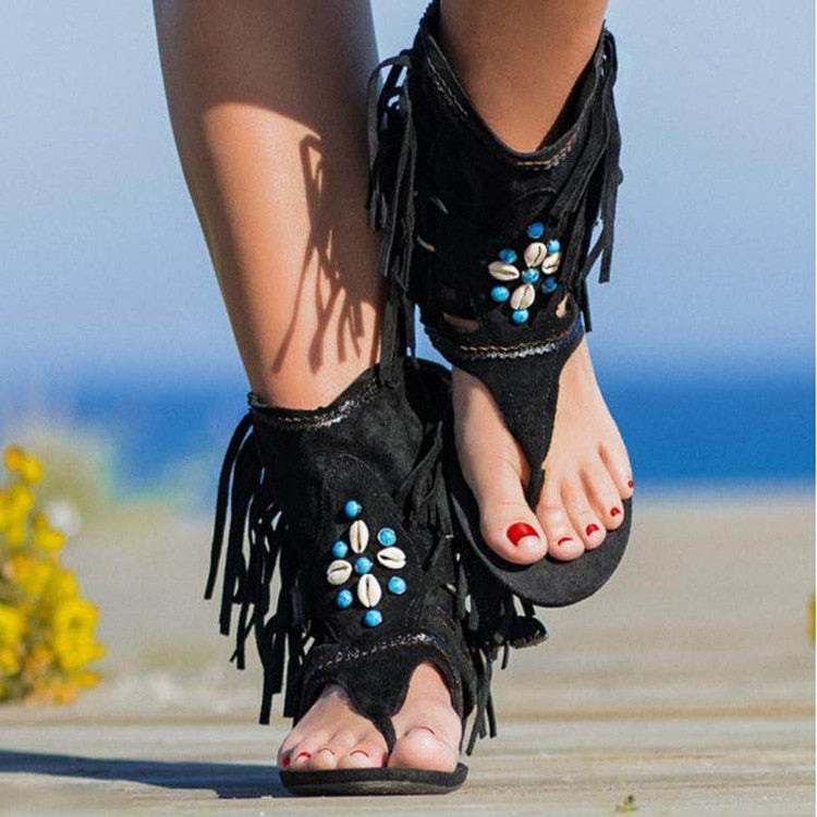 Retro Women Fringe Flower Wedges Shoes Solid Flock Beach Casual Sandals Women Summer Flip Flop Sandals