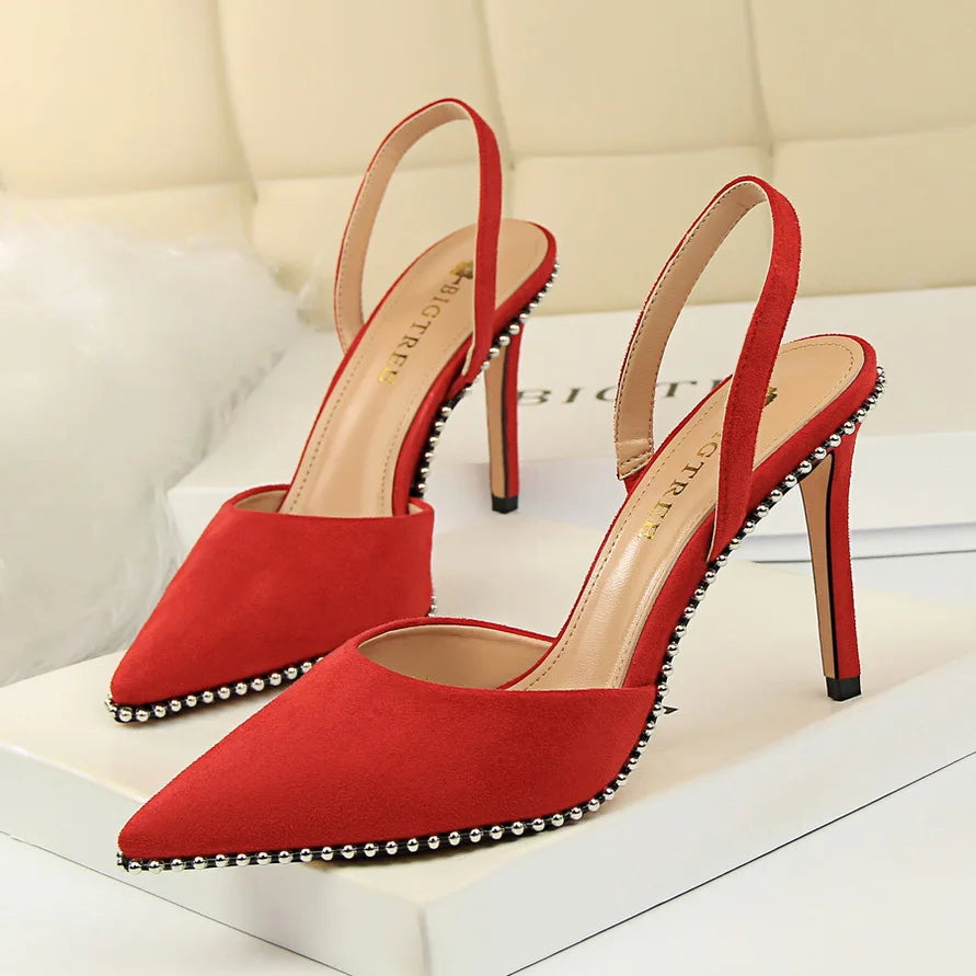 Women 9m High Heels Sandals Lady Suede Slingback Mules Sandles Summer Stripper Nightclub Dress Rivets Replica Hollow Party Shoes Red Flock
