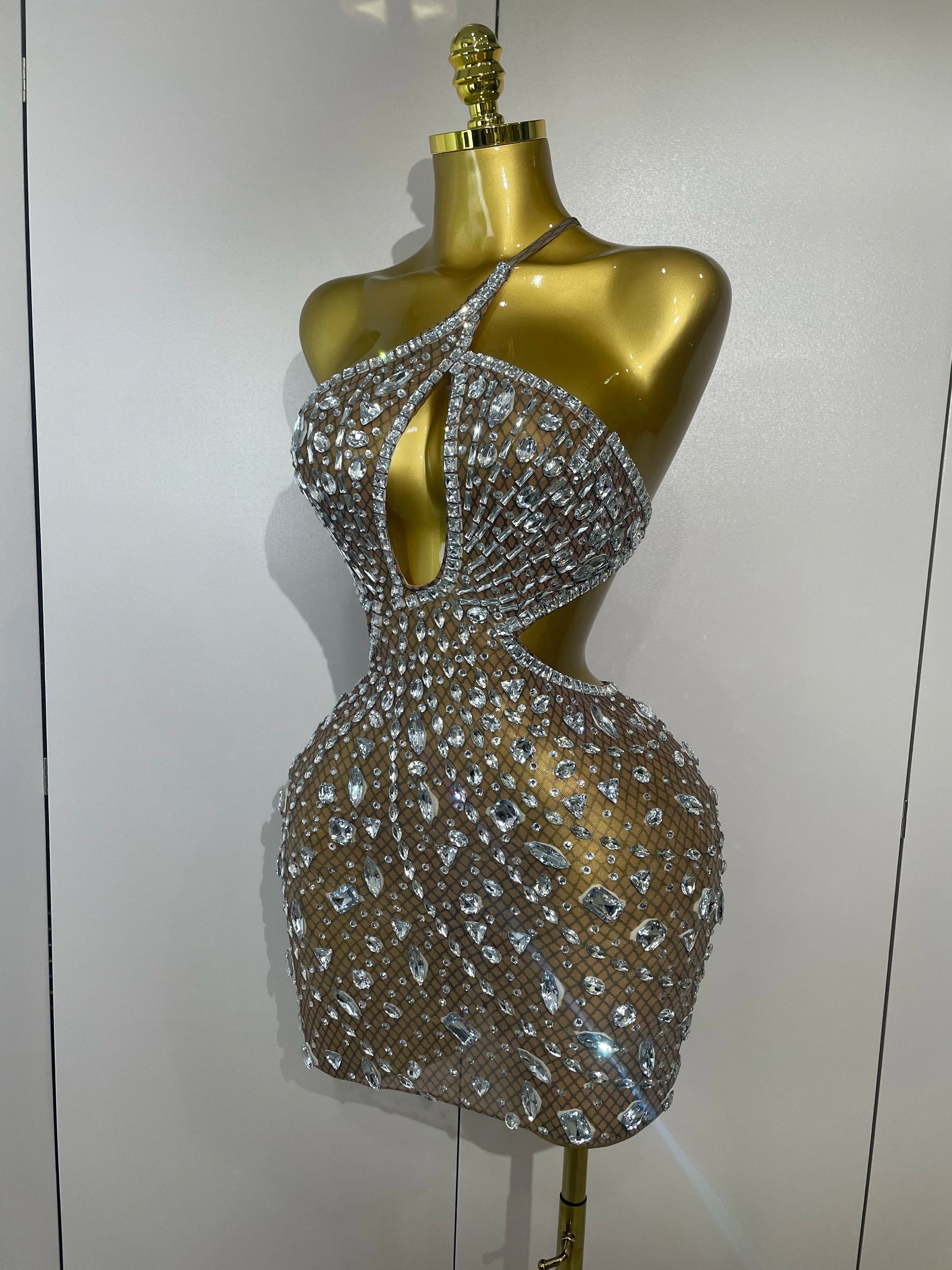 Stock Women Sparkly Big Crystal Sexy Off the Shoulder Mesh See Through Mini Dress Nightclub Party Celebrate Birthday Dress