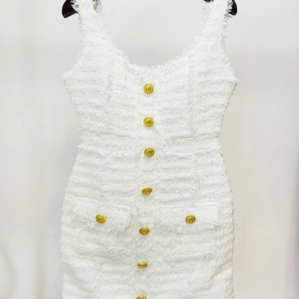 2024 Elegant Women's Button Design Dress Camisole Sleeveless Slimming Mini Dress Celebrity Cocktail Evening Party Vestidos WHITE