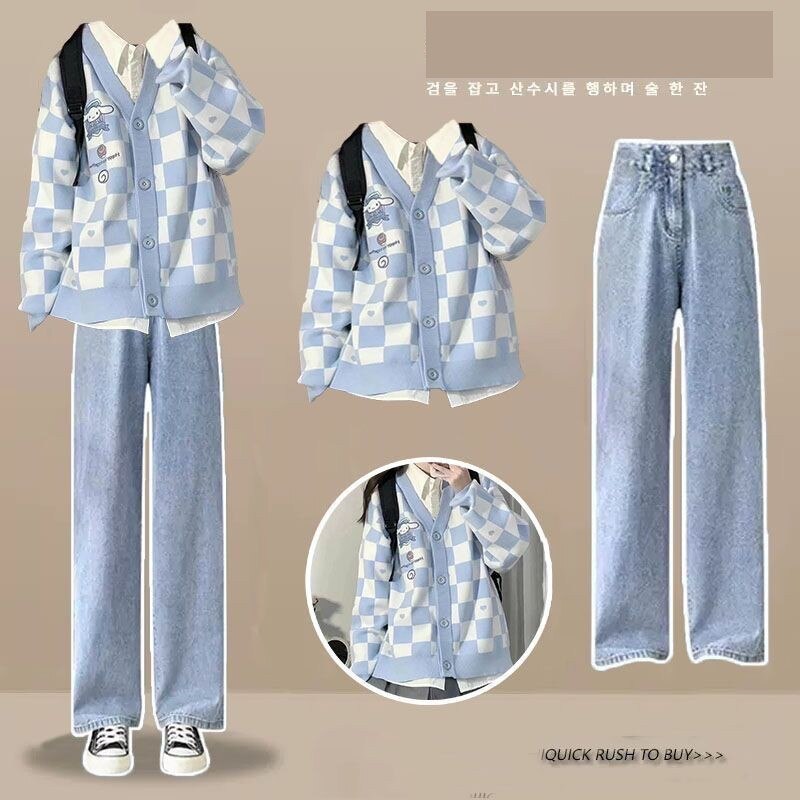 Women's Autumn Winter Loose Sweater Coat+Shirt+Jeans Three Piece 2024 New Matching Set Korean Elegant Cardigan Denim Pants Suit Set 06