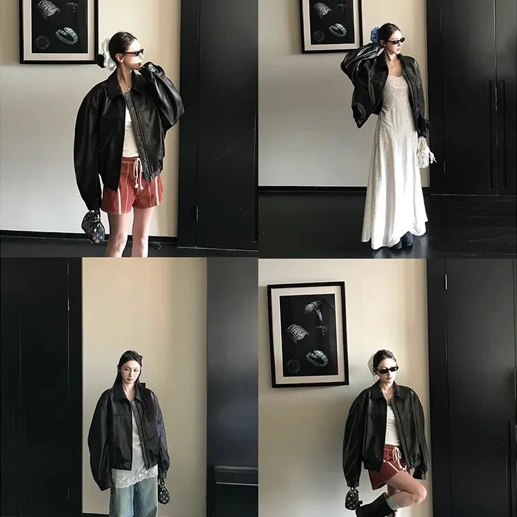 Lautaro Spring Autumn Cool Oversized Faux Suede Leather Jacket Women Turn-down Collar Luxury Designer American Retro Clothing